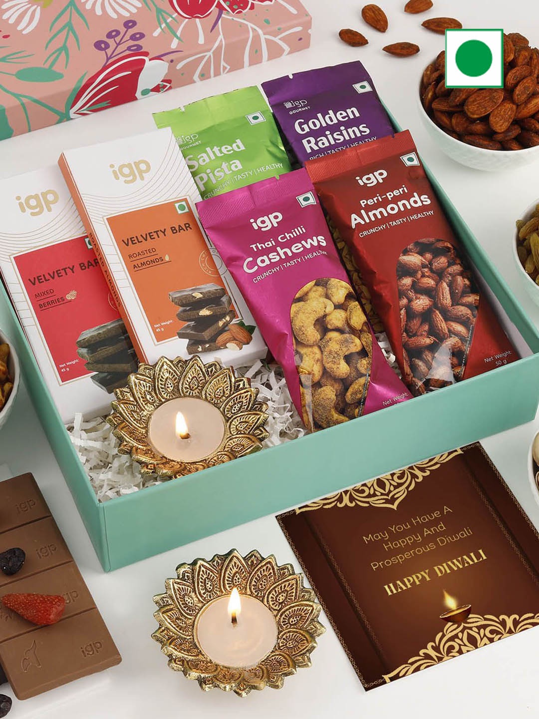 

IGP 9-Pcs Flavored Dry Fruits Chocolate Diya & Greeting Card Gift Set, Blue