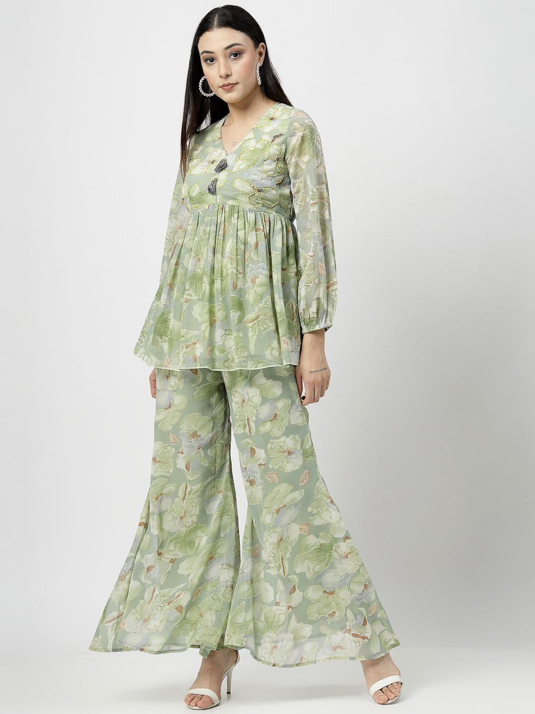 

COSMIC TRIO Floral Printed V-Neck Top & Palazzo, Sea green