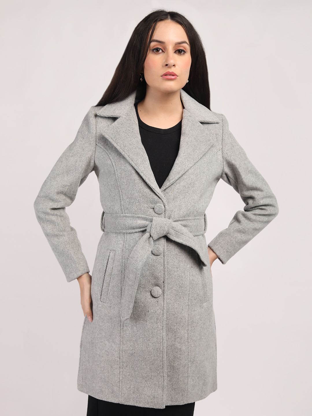 

HONNETE Women Striped Single-Breasted Winter Overcoat, Grey