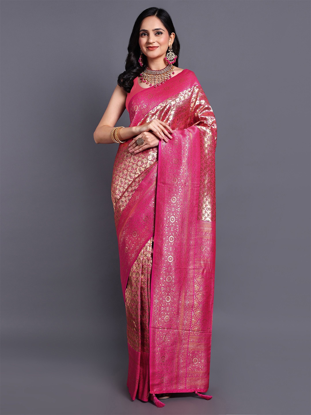 

SWAMI STUDIO Floral Zari Pure Cotton Kanjeevaram Saree, Pink