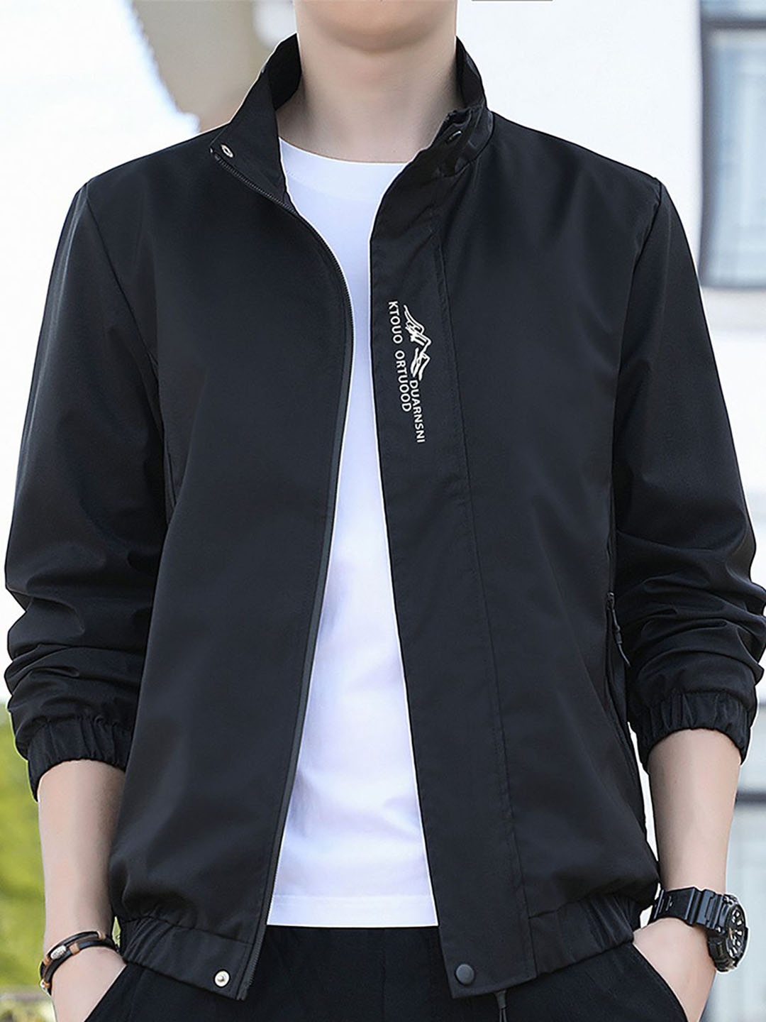 

StyleCast x Revolte Men Typography Printe Mock Collar Bomber Jacket, Black