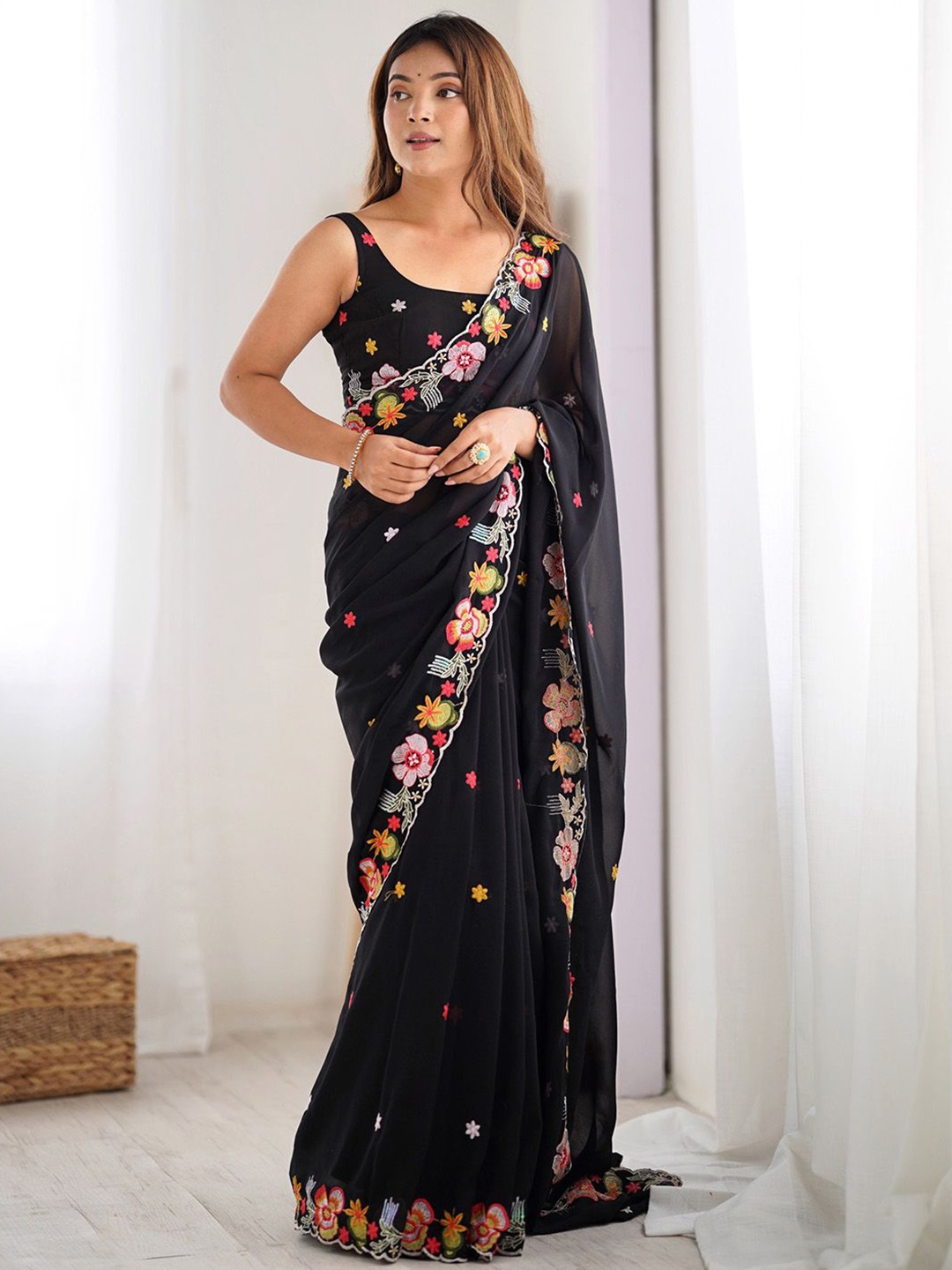 

Anouk Floral Embroidered Poly Georgette Saree, Black