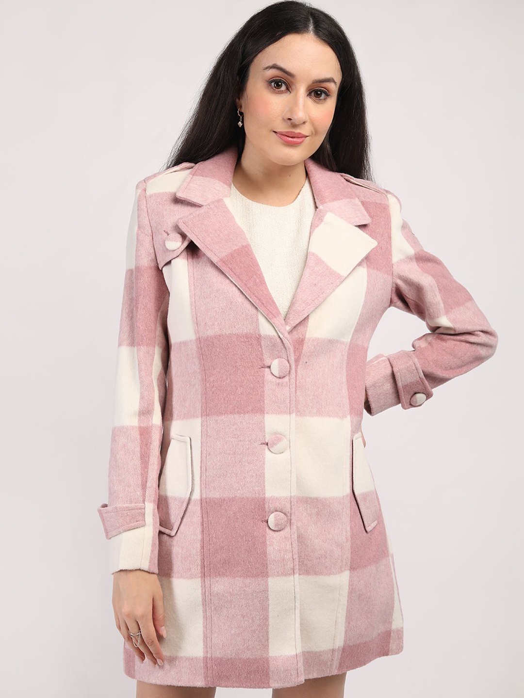 

HONNETE Checked Notched Lapel Single-Breasted Hip-Length Winter Overcoat, Pink