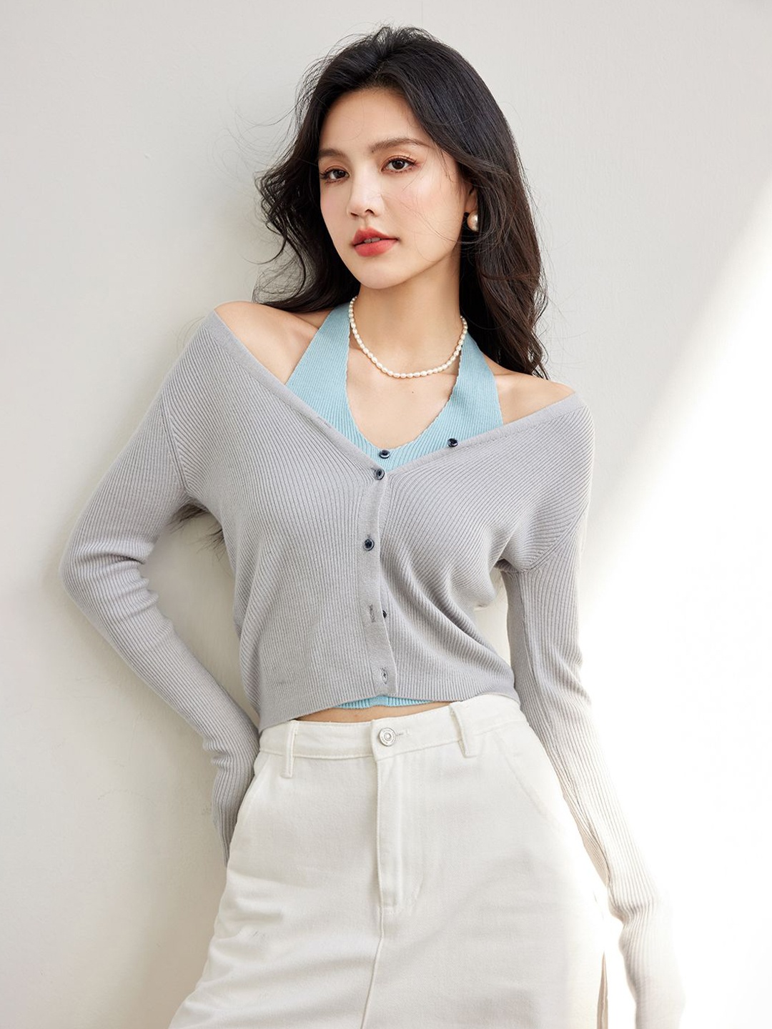 

JC Collection Women Striped Crop Cardigan, Grey