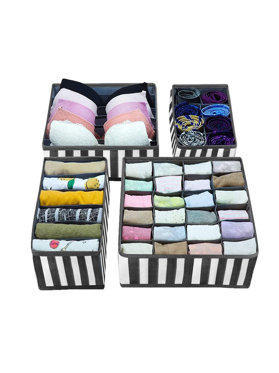 

prettykrafts Black & White 4 Pieces Striped Multi-Utility Organisers with Compartments