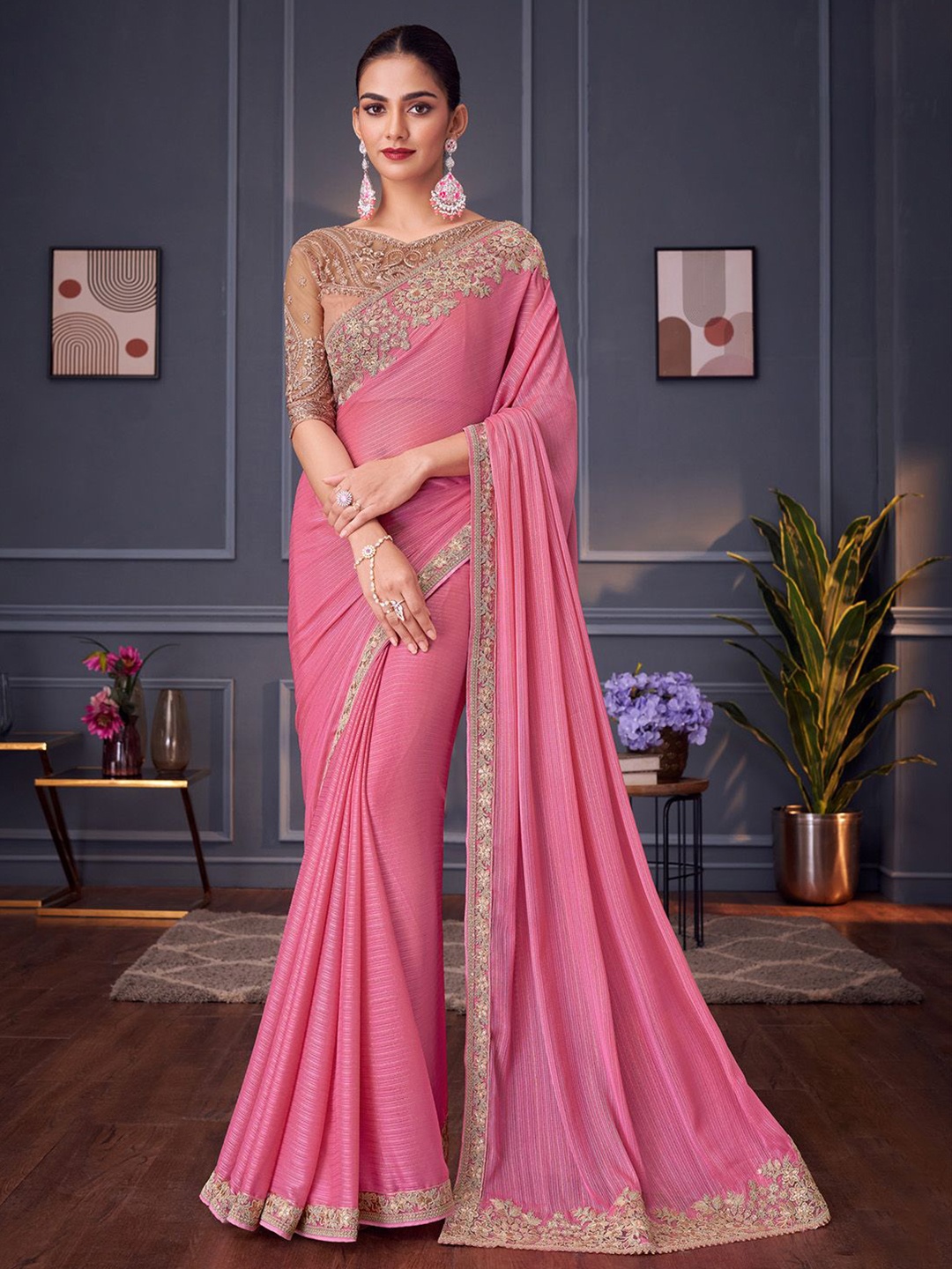 

Mitera Sequinned Pure Georgette Saree, Pink