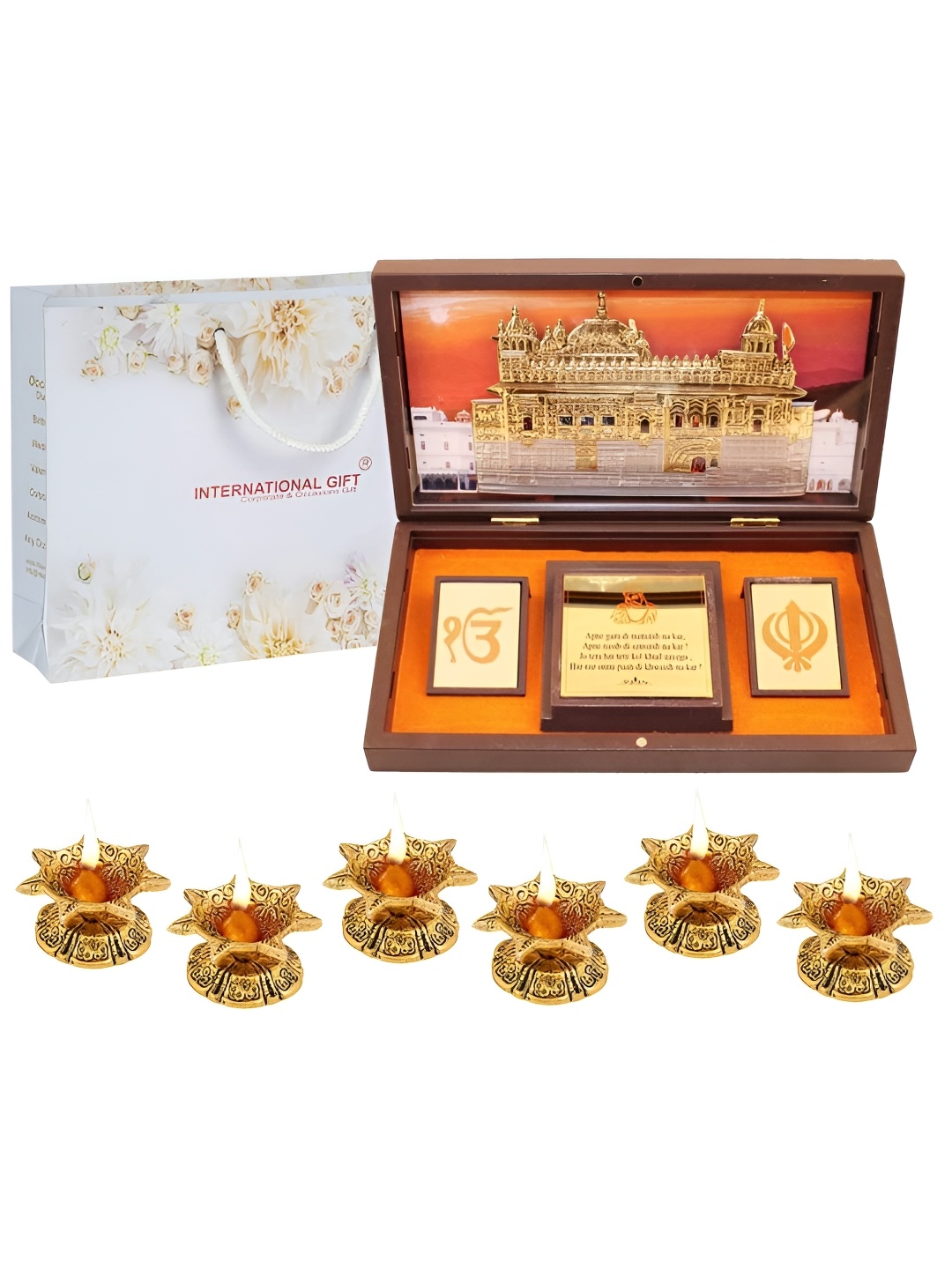 

INTERNATIONAL GIFT Gold-Toned Temple Frame Message Box with 6 Diya