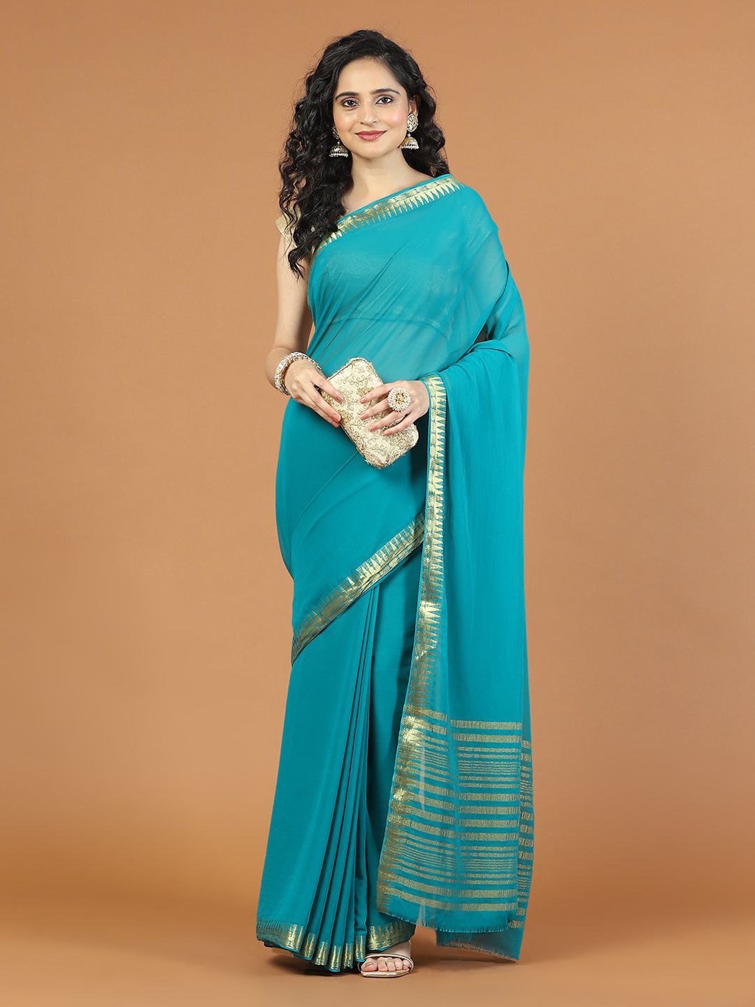 

Meena Bazaar Zari Poly Chiffon Saree, Blue