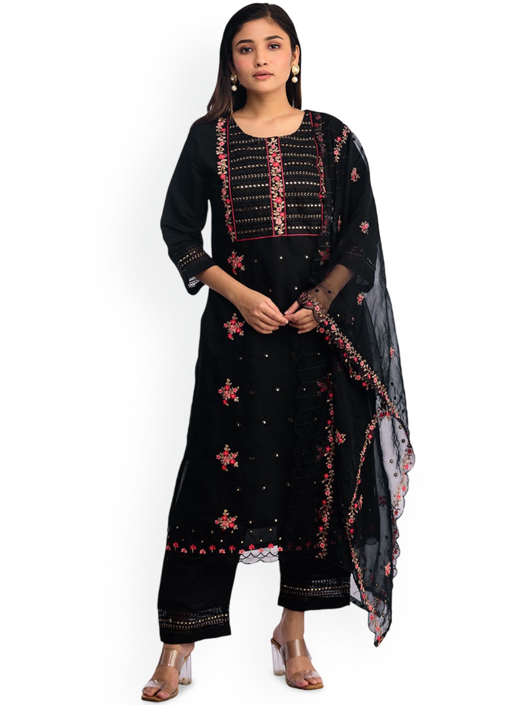 

ISHKIYA Women Ethnic Motifs Printed Regular Thread Work Kurta with Harem Pants & With Dupatta, Black