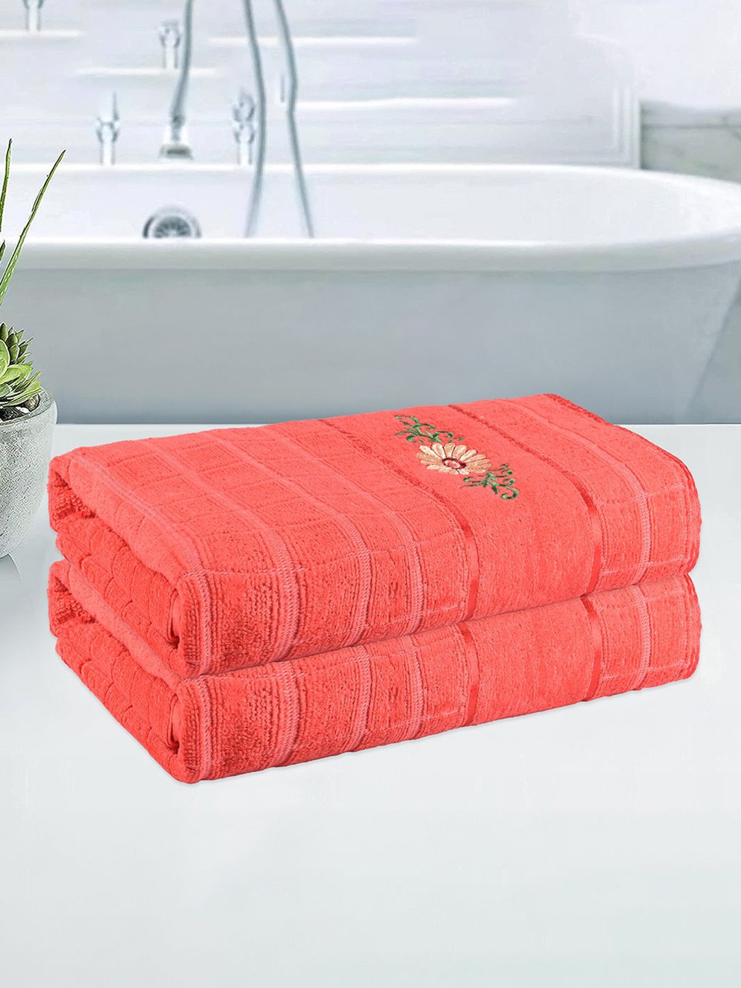 

Kuber Industries Orange 2 Pieces Striped 250 GSM Bath Towels