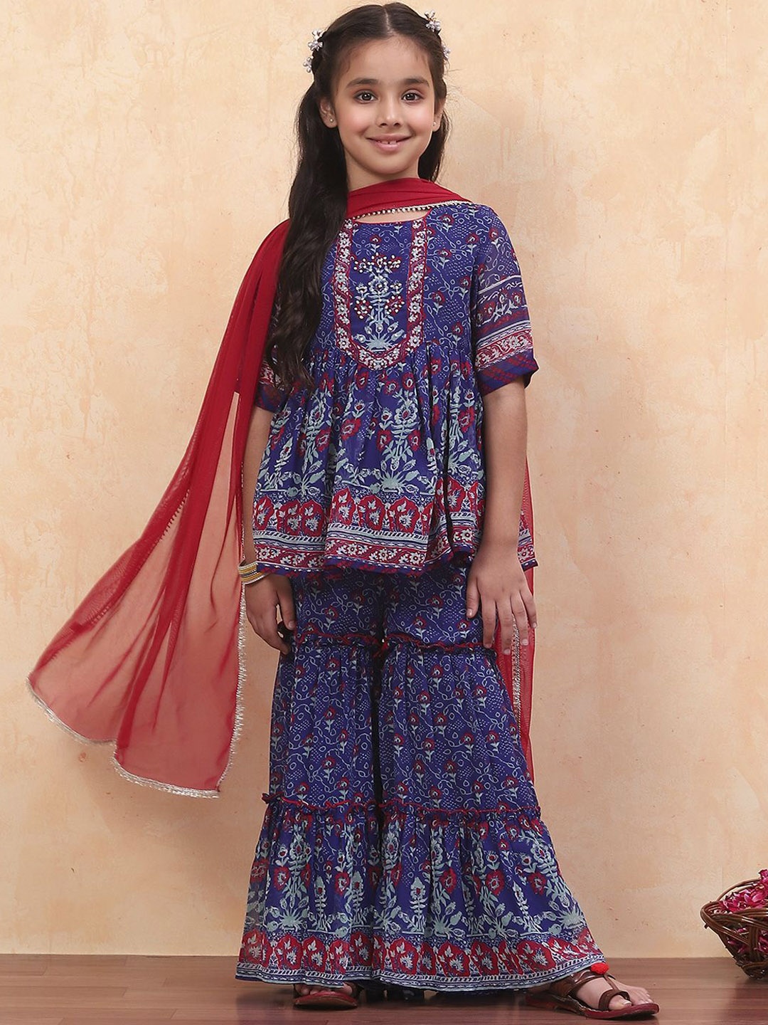 

Biba Girls Floral Printed Round Neck Anarkali Kurta with Sharara & Dupatta, Blue