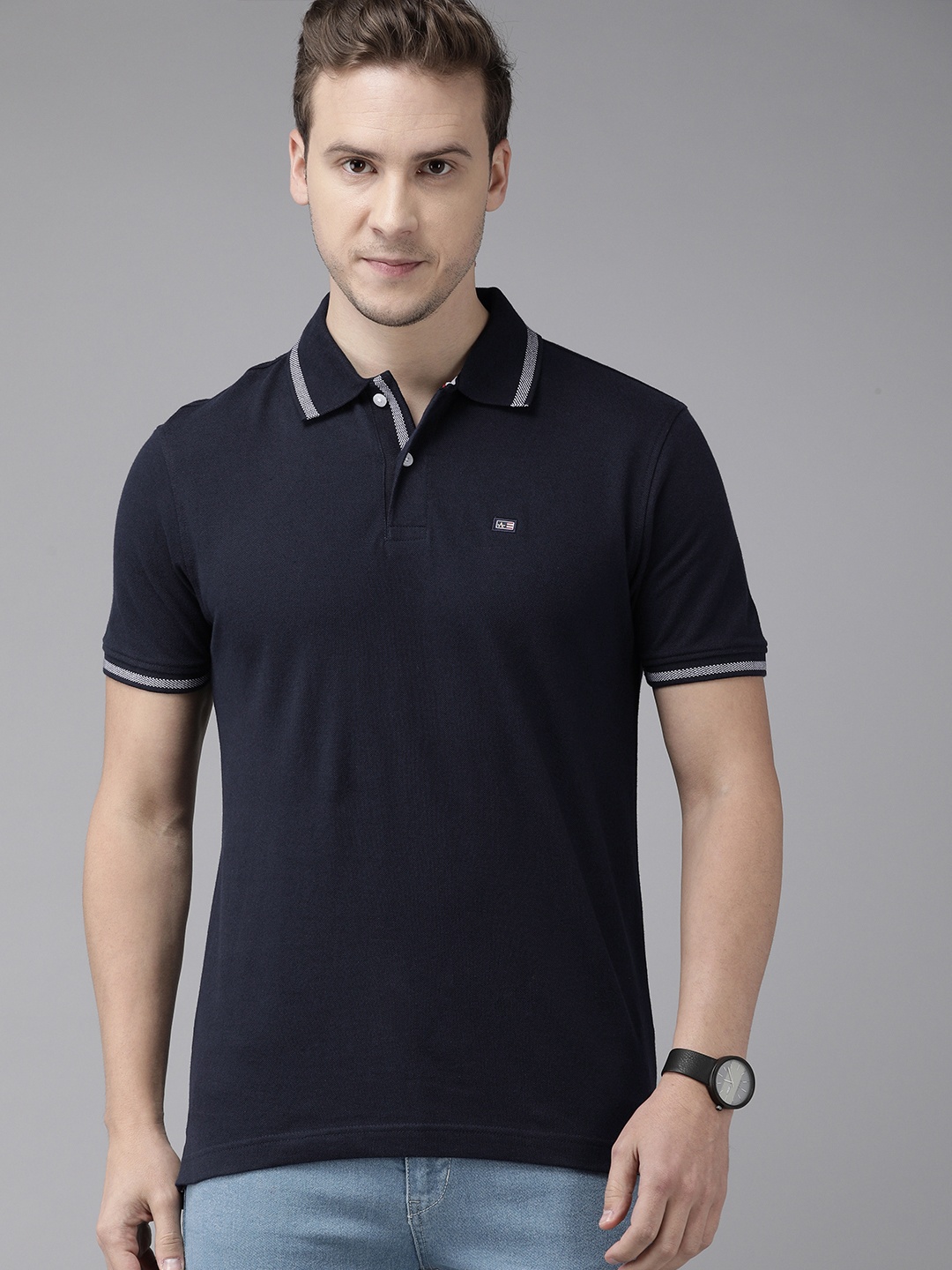 

Arrow Men Navy Blue Polo Collar Pure Compact Cotton Pure Cotton T-shirt