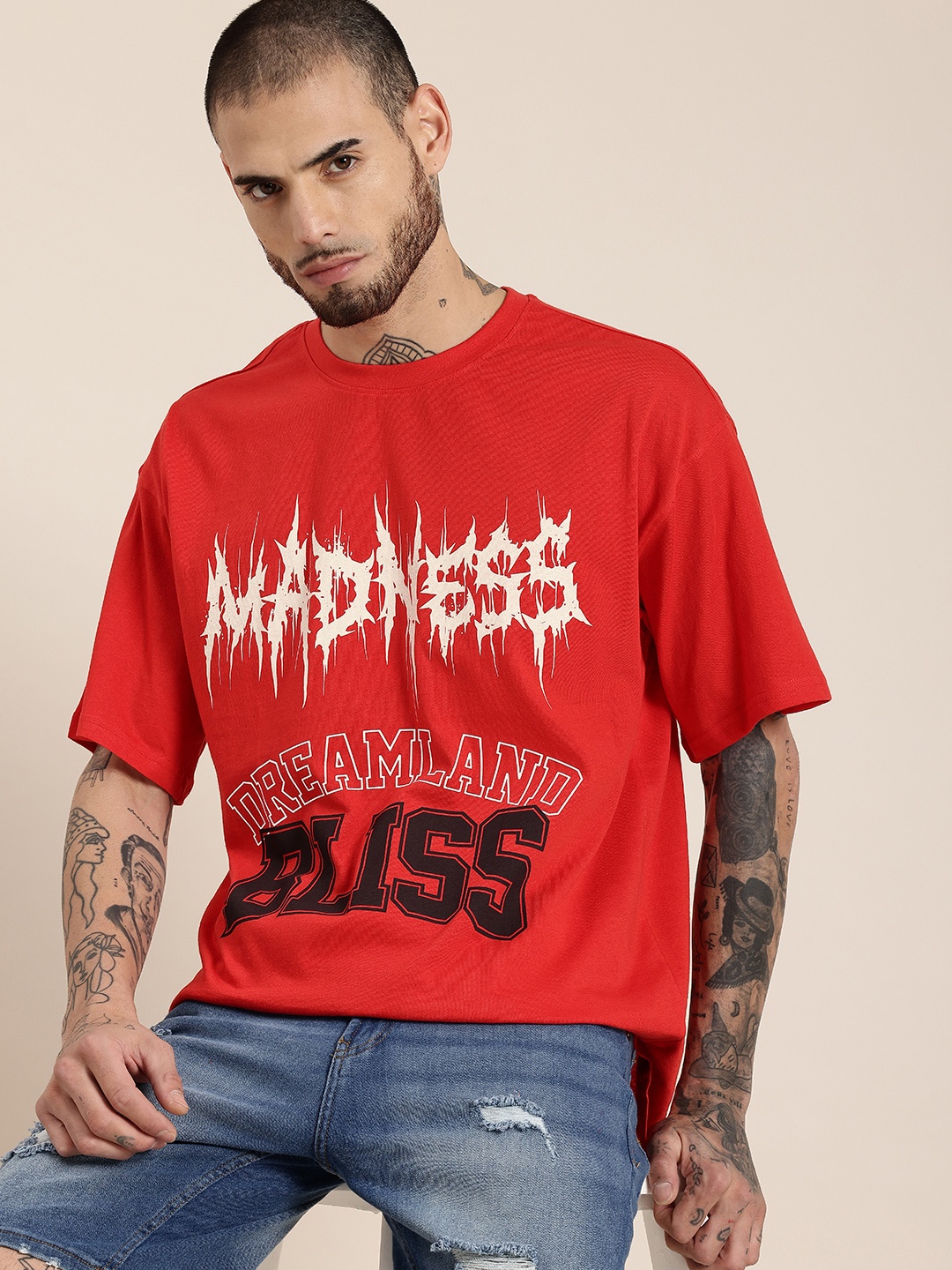 

HERE&NOW Typography Printed Drop-Shoulder Sleeves T-shirt, Red
