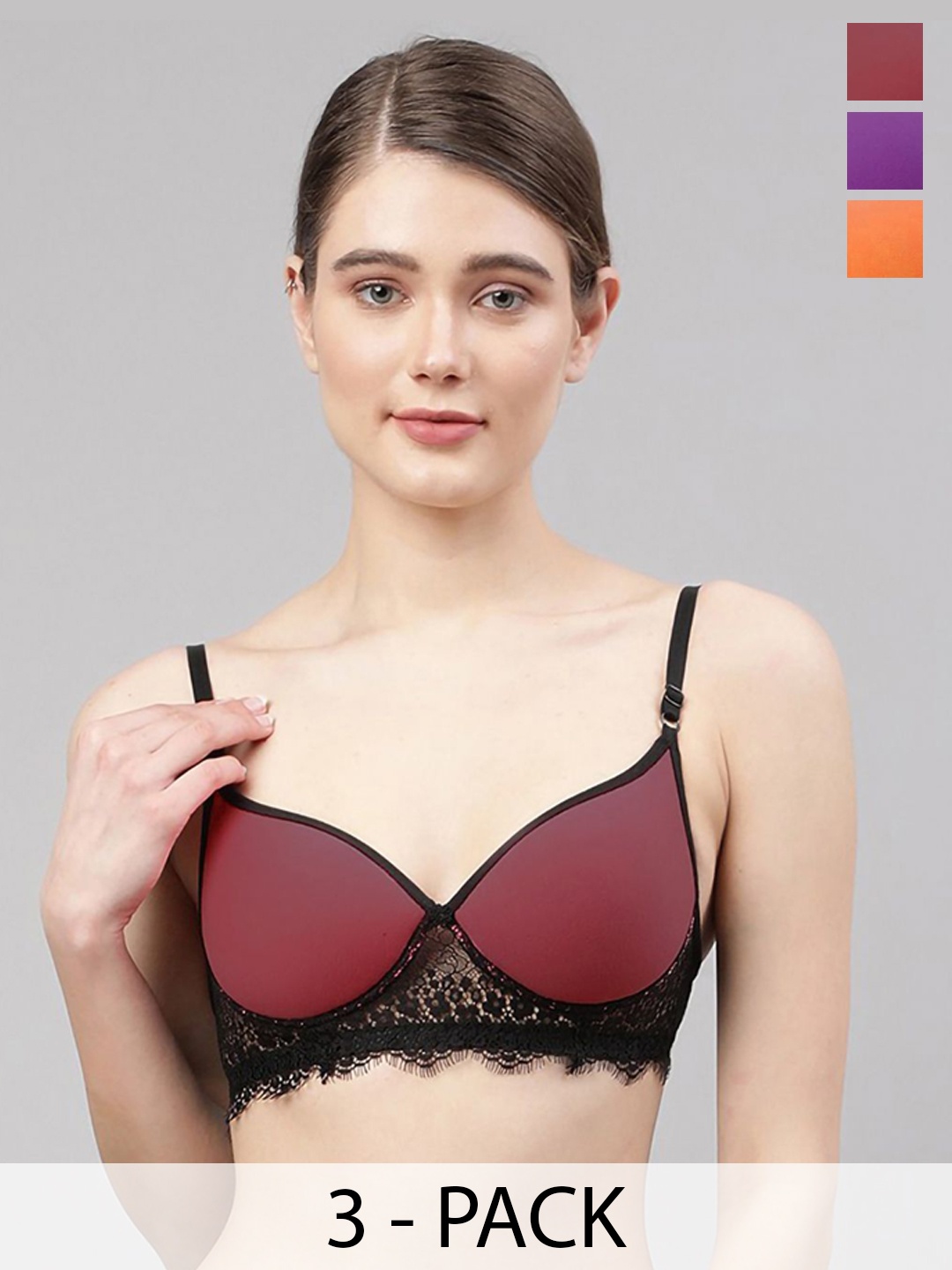 

AROUSY Pack Of 3 Lightly-Padded Lingerie Set, Purple