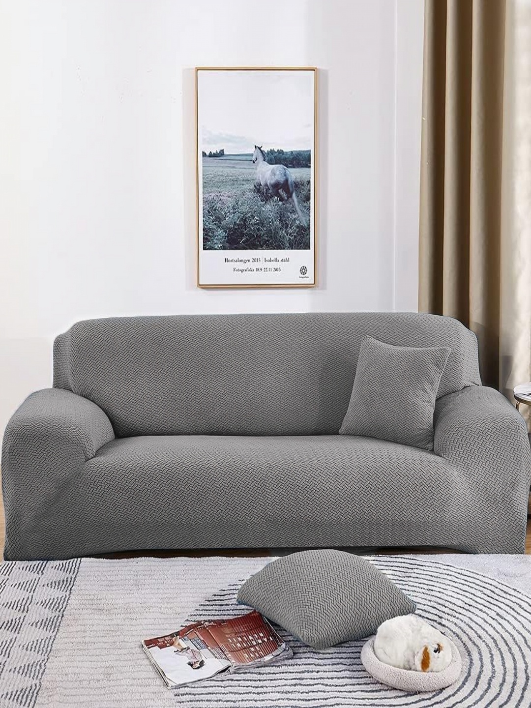 

B BESTILO Grey Self Design Triple Seater Sofa Cover With Arms