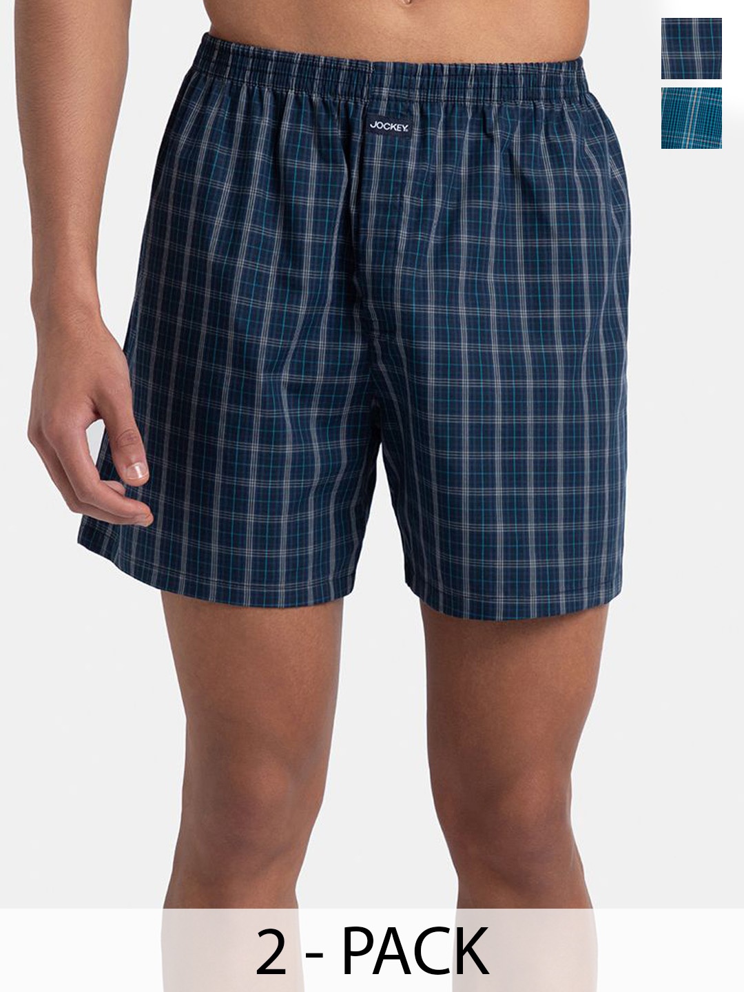 

Jockey Pack of 2 Combed Mercerized Cotton Checkered Boxer Shorts With Back Pocket - 1222, Navy blue