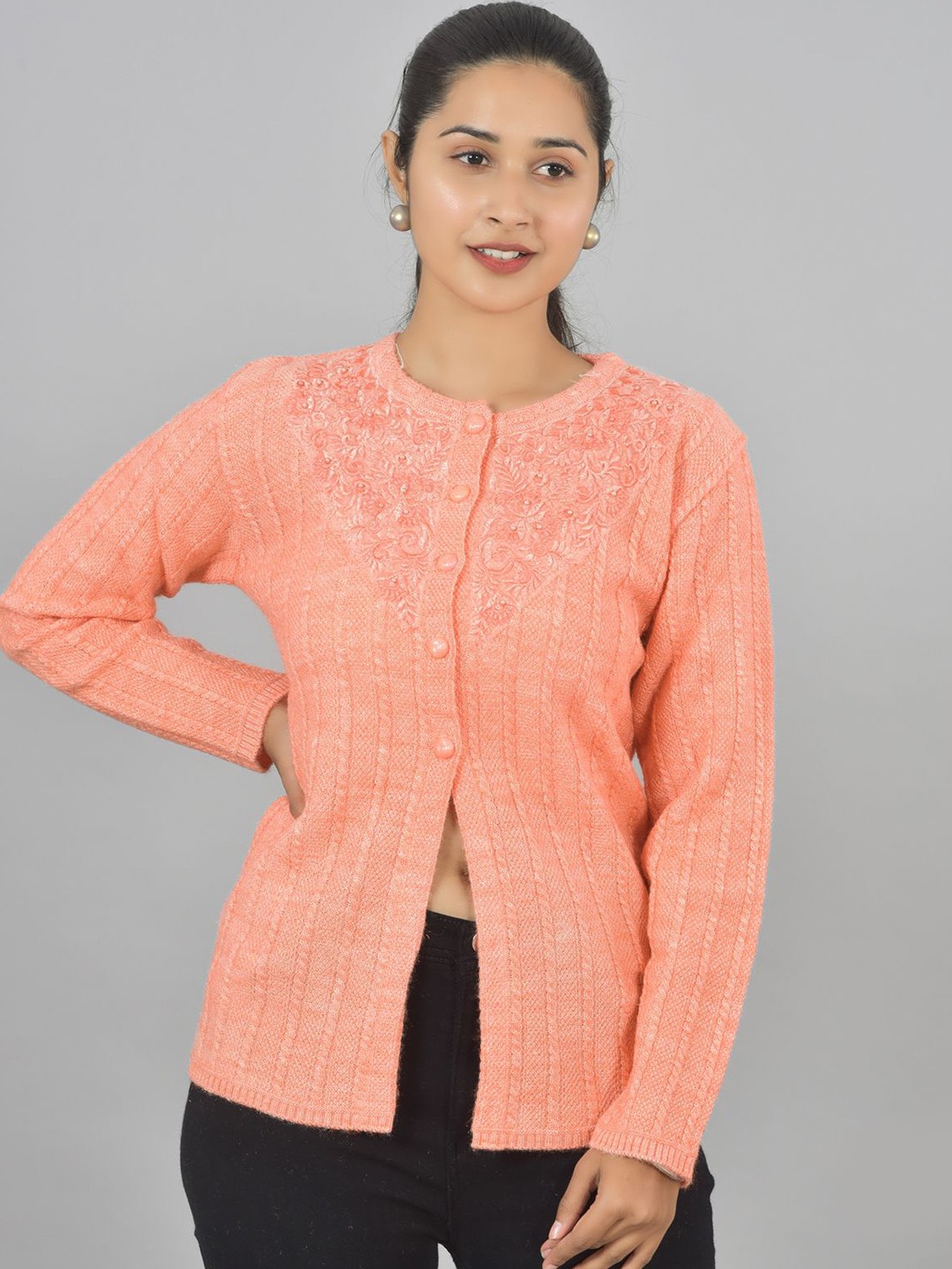 

BAISA Women Embroidered Woollen Cardigan with Embellished Detail, Peach
