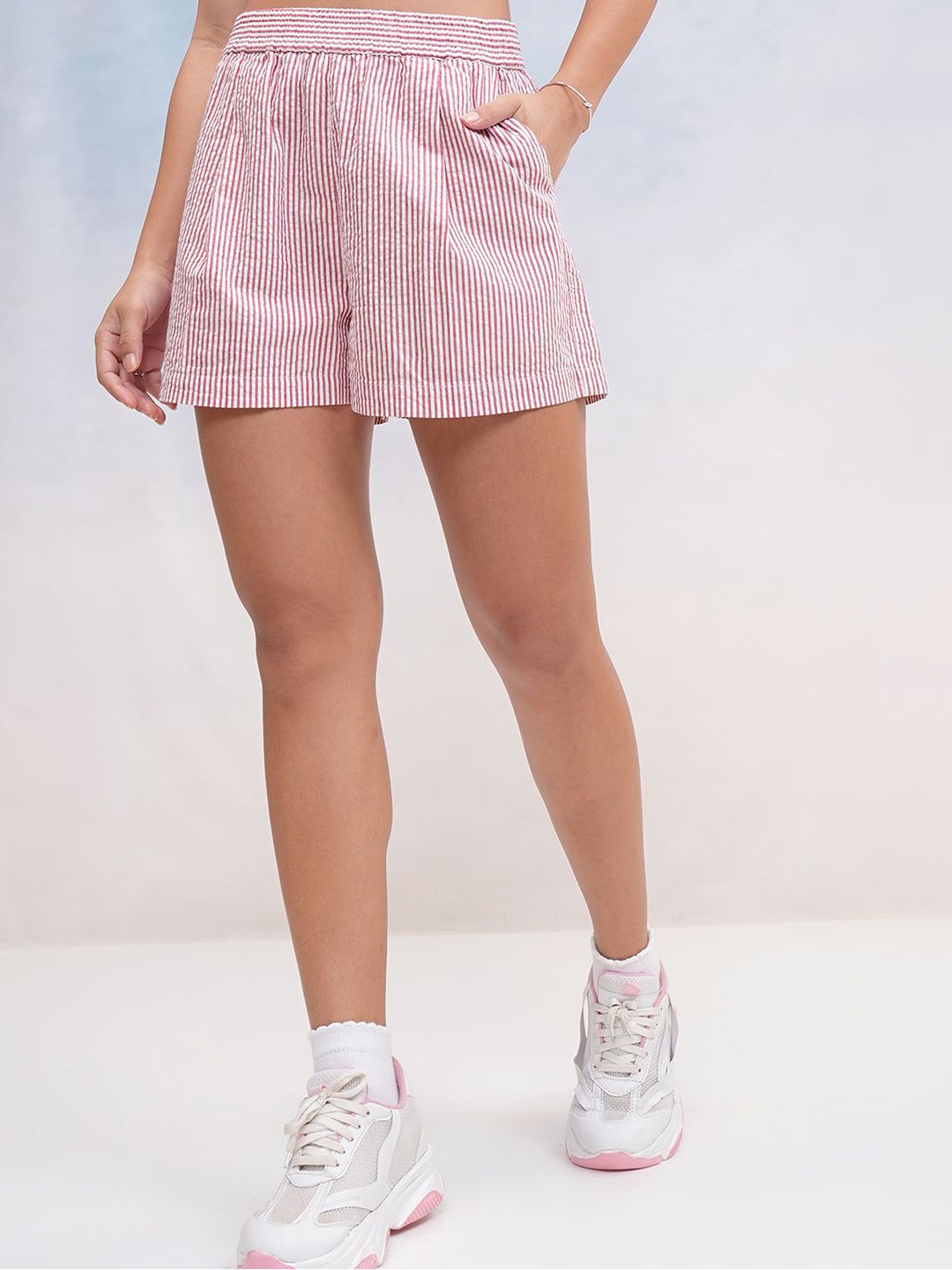 

Tokyo Talkies Women Striped Cotton Shorts, Pink