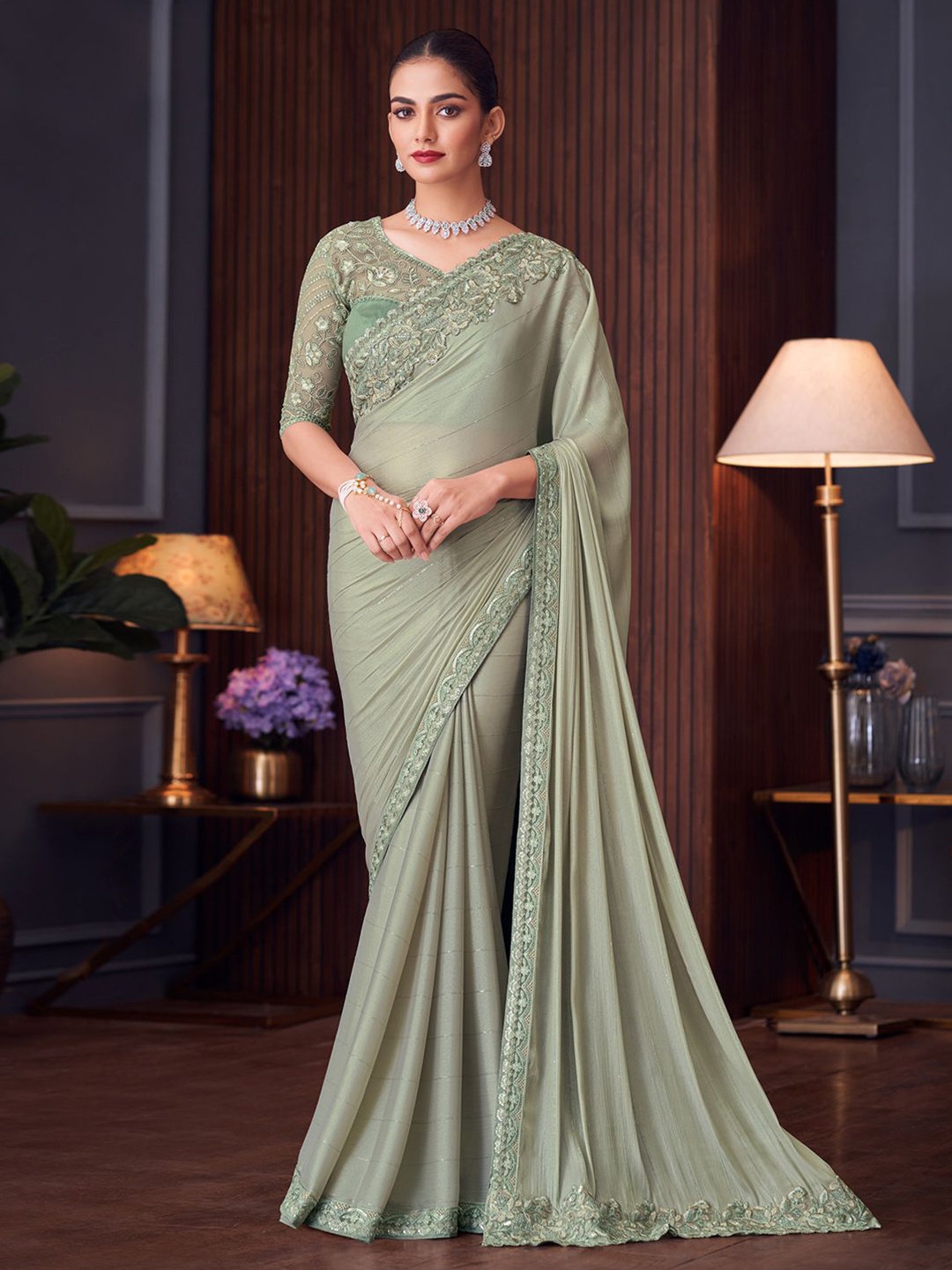 

Mitera Embellished Embroidered Pure Chiffon Saree, Green