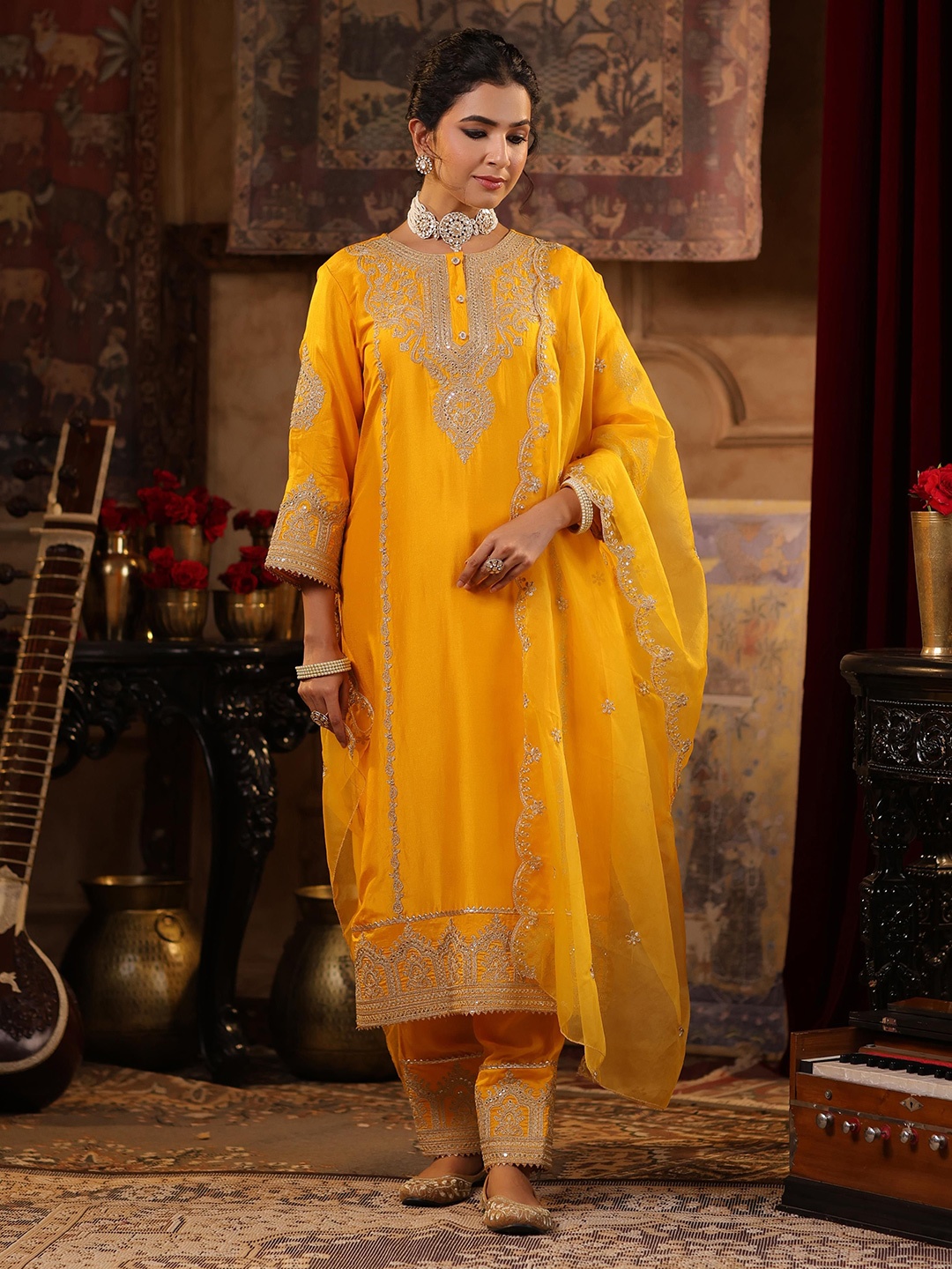 

SCAKHI Ethnic Motifs Embroidered Dupion Silk Straight Kurta With Trousers & Dupatta, Mustard