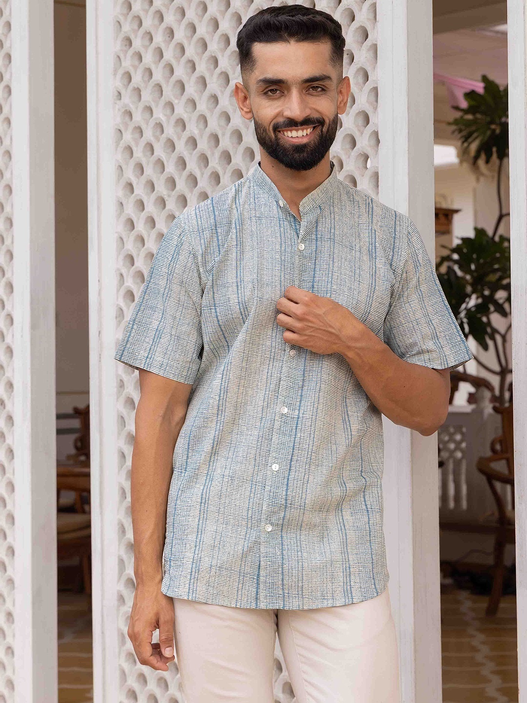 

Ethnic India Printed Band Collar Straight Short Kurta, Blue