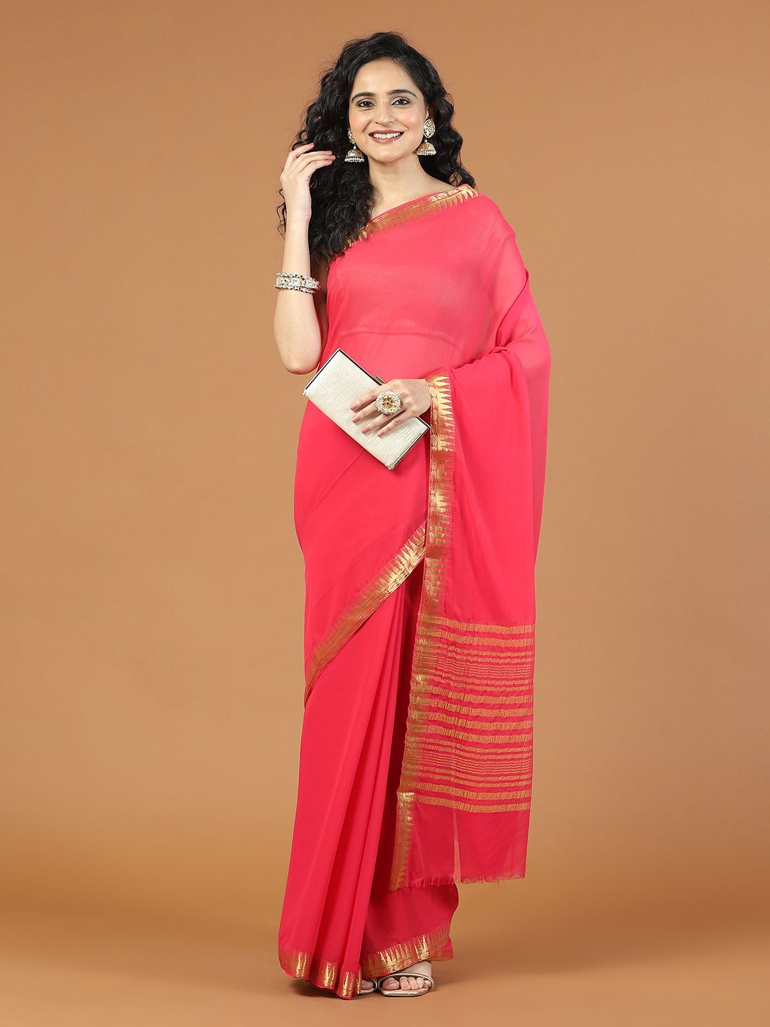 

Meena Bazaar Zari Poly Chiffon Saree, Pink