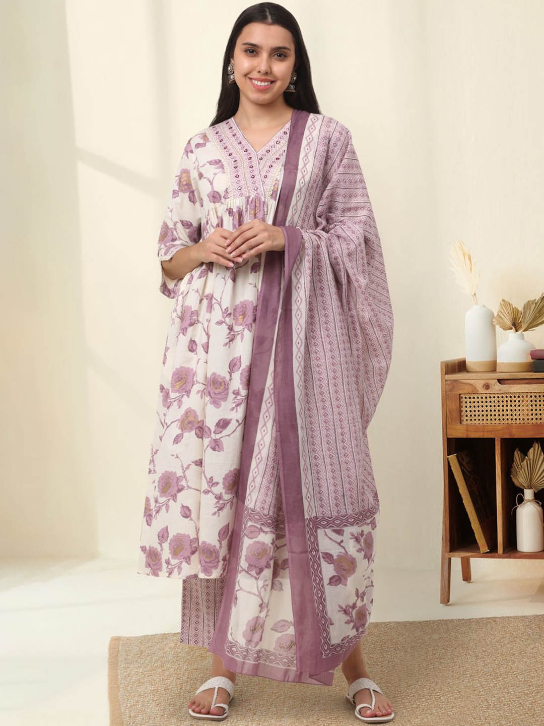 

KALINI Floral Printed Regular Pure Cotton Anarkali Kurta with Trousers & Dupatta, Purple