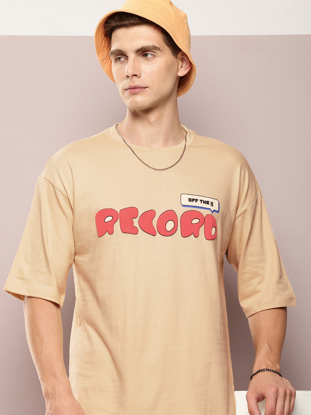 

Kook N Keech Pure Cotton Typography Printed Drop-Shoulder Sleeves Oversized T-shirt, Beige