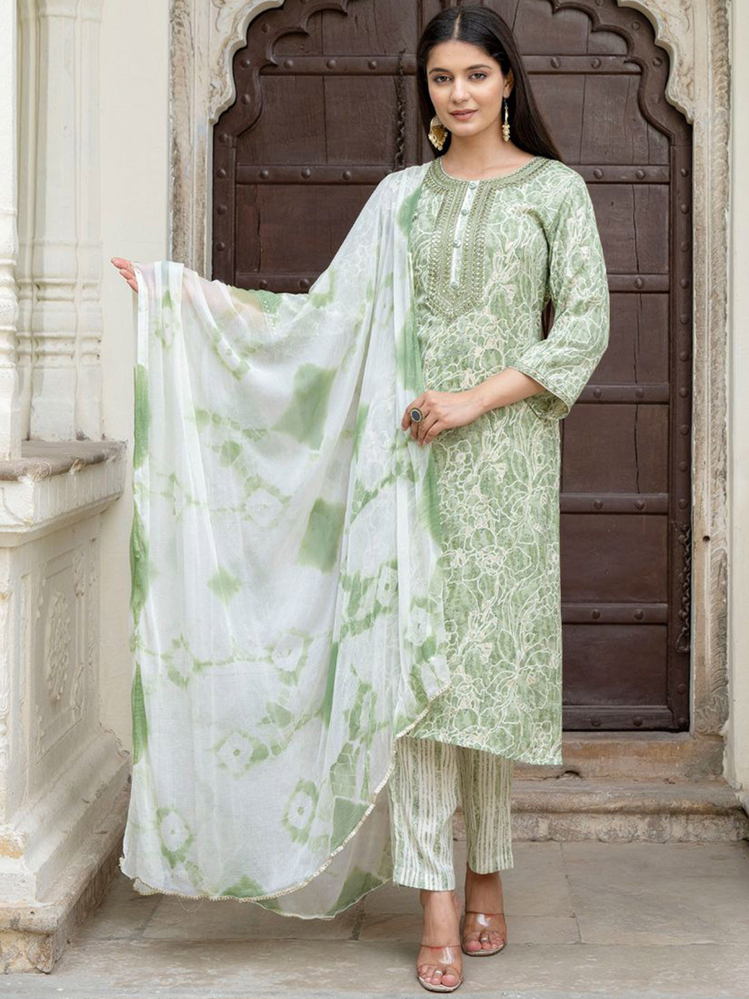 

KALINI Floral Printed Thread Work Straight Kurta With Trouser & Dupatta, Green