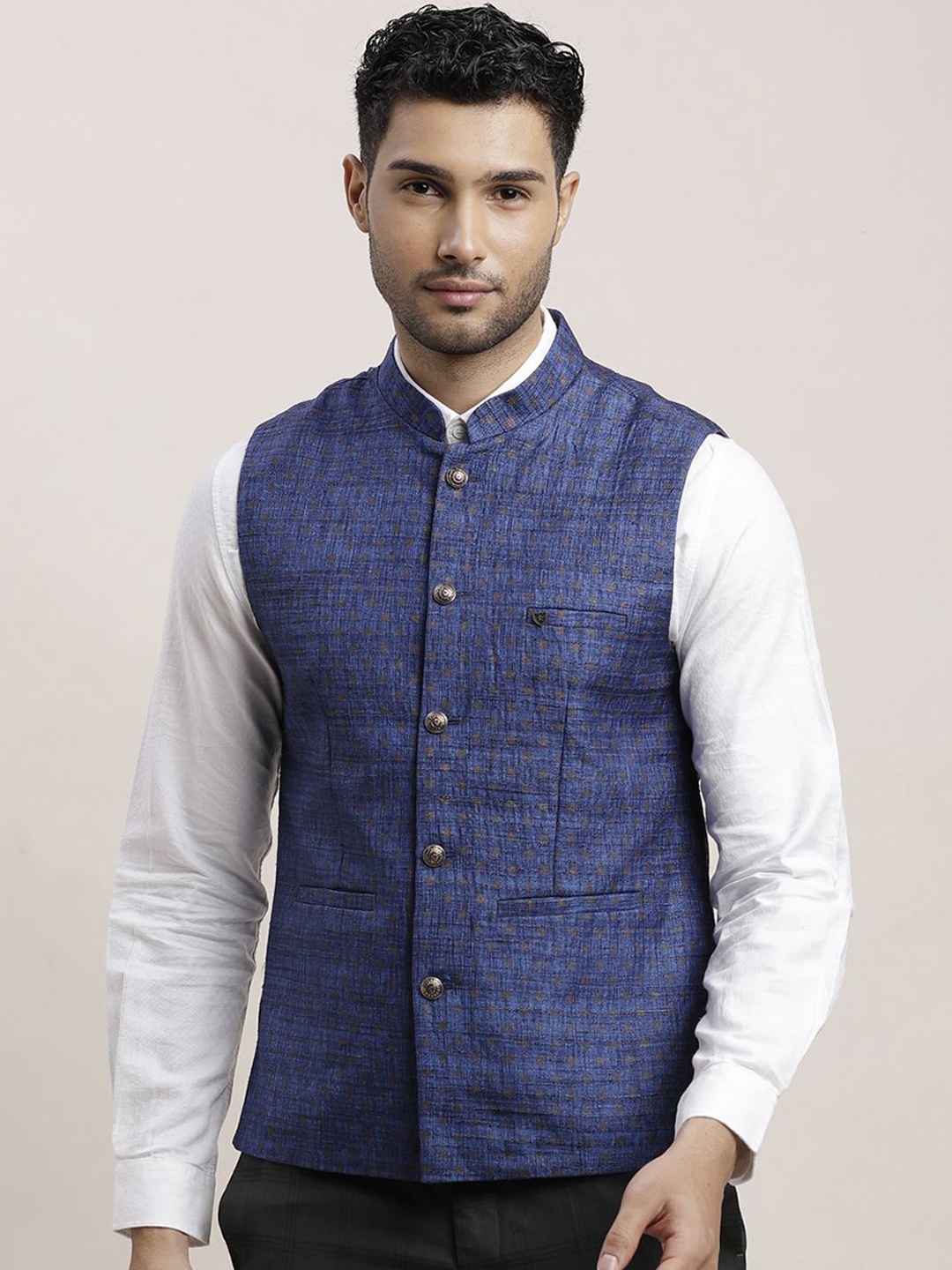 

Turtle Printed Slim-Fit Nehru Jackets, Blue