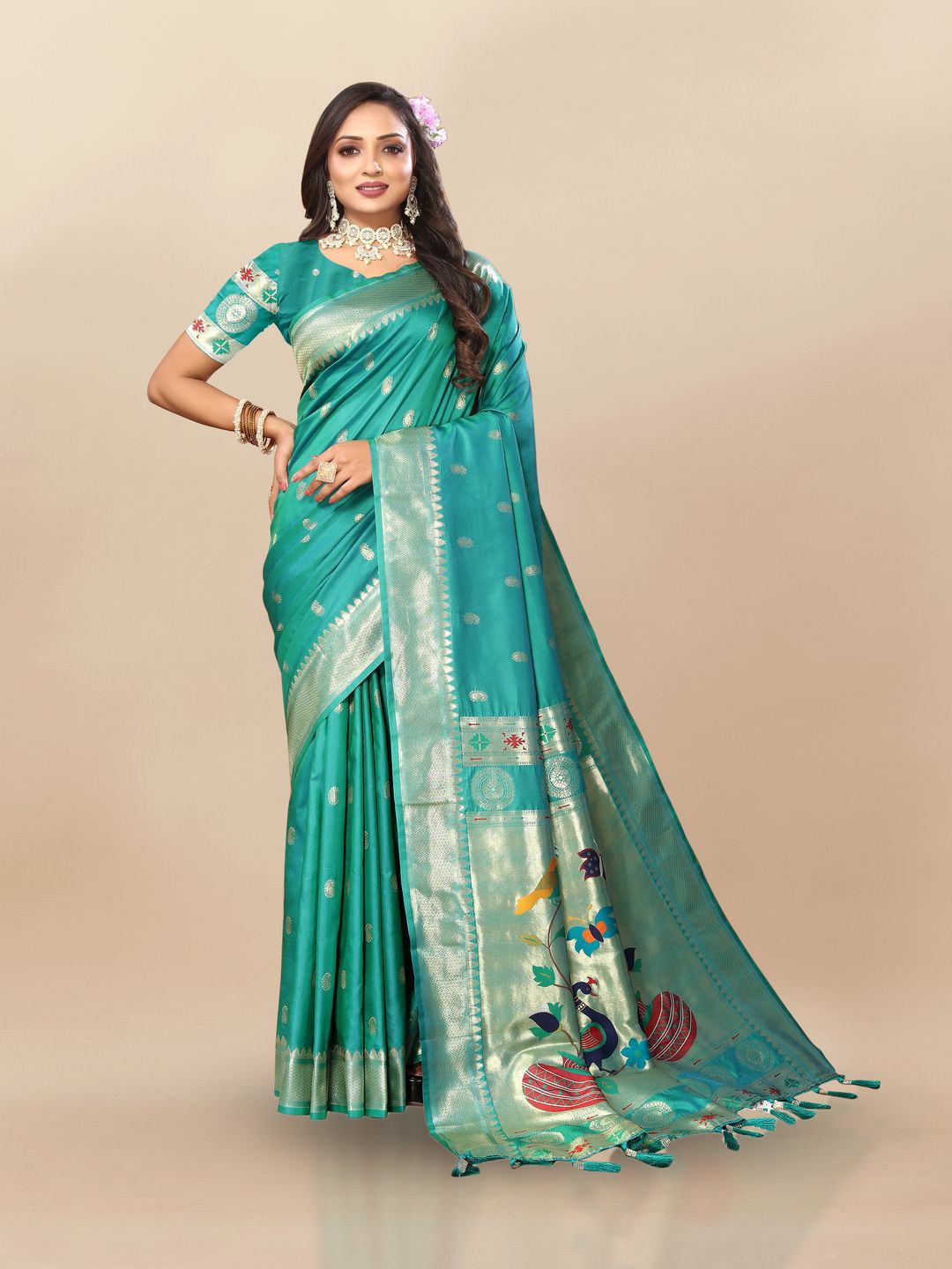

MOKSHA DESIGNS Ethnic Motifs Woven Design Zari Pure Silk Paithani Saree, Sea green