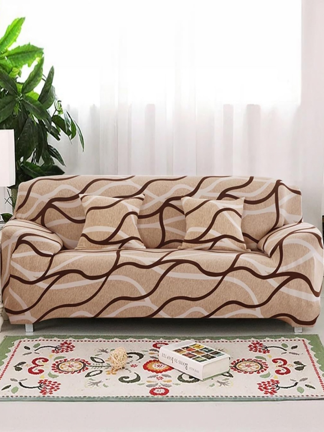 

B BESTILO Beige & White Abstract Printed Triple Seater Sofa Cover With Arms