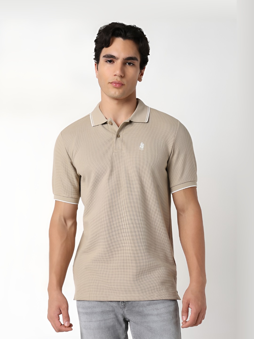 

R&B Men Solid Polo Collar Cotton T-shirt, Beige