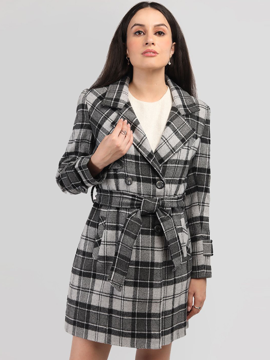 

HONNETE Women Checked Notched Lapel Double-Breasted Long Winter Overcoat, Black