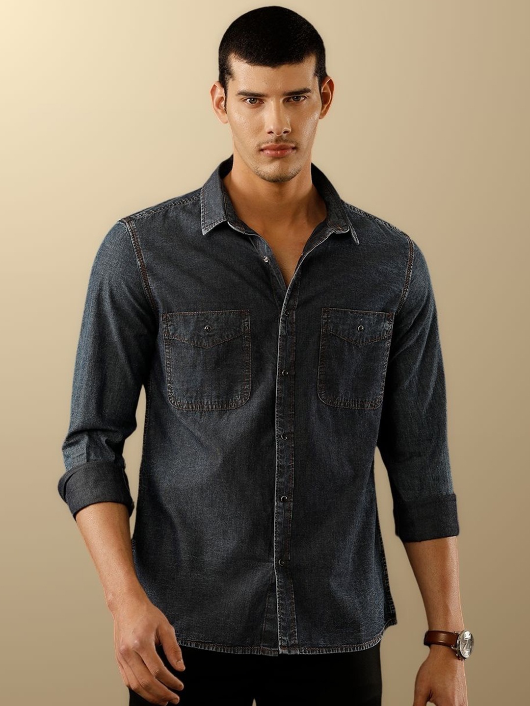 

TEMPLE OF DENIM Men India Slim Spread Collar Solid Denim Casual Shirt, Blue