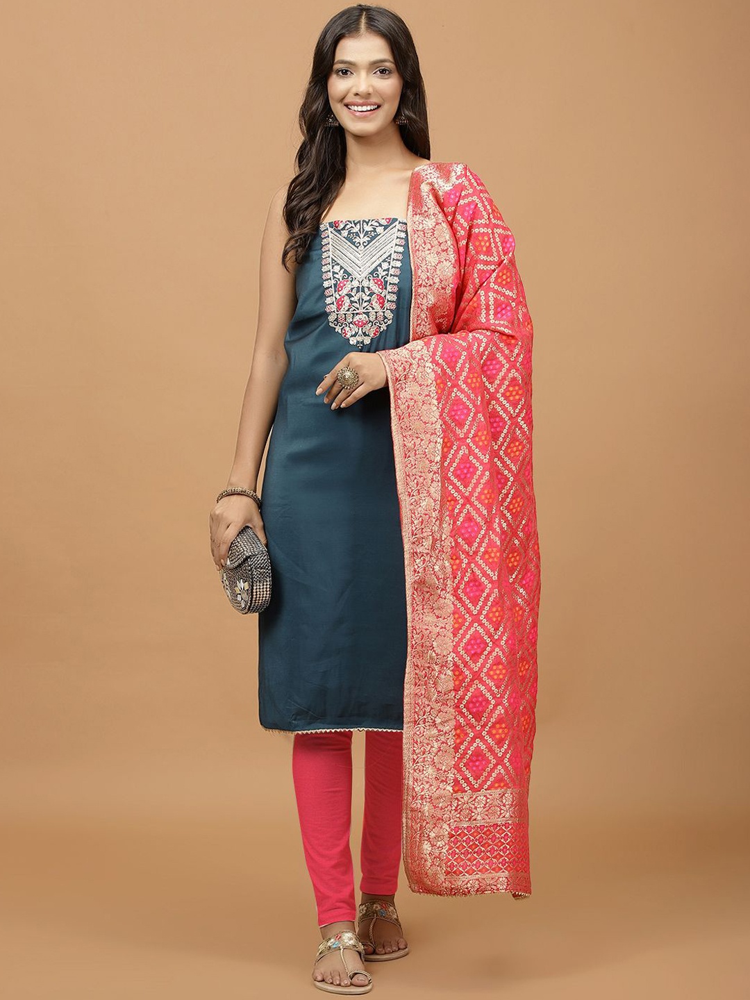 

Meena Bazaar Floral Embroidered Sequinned Unstitched Dress Material, Navy blue