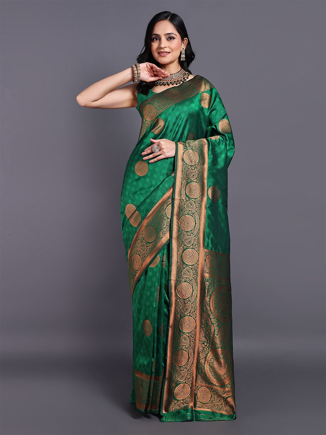 

SWAMI STUDIO Floral Zari Pure Cotton Kanjeevaram Saree, Green