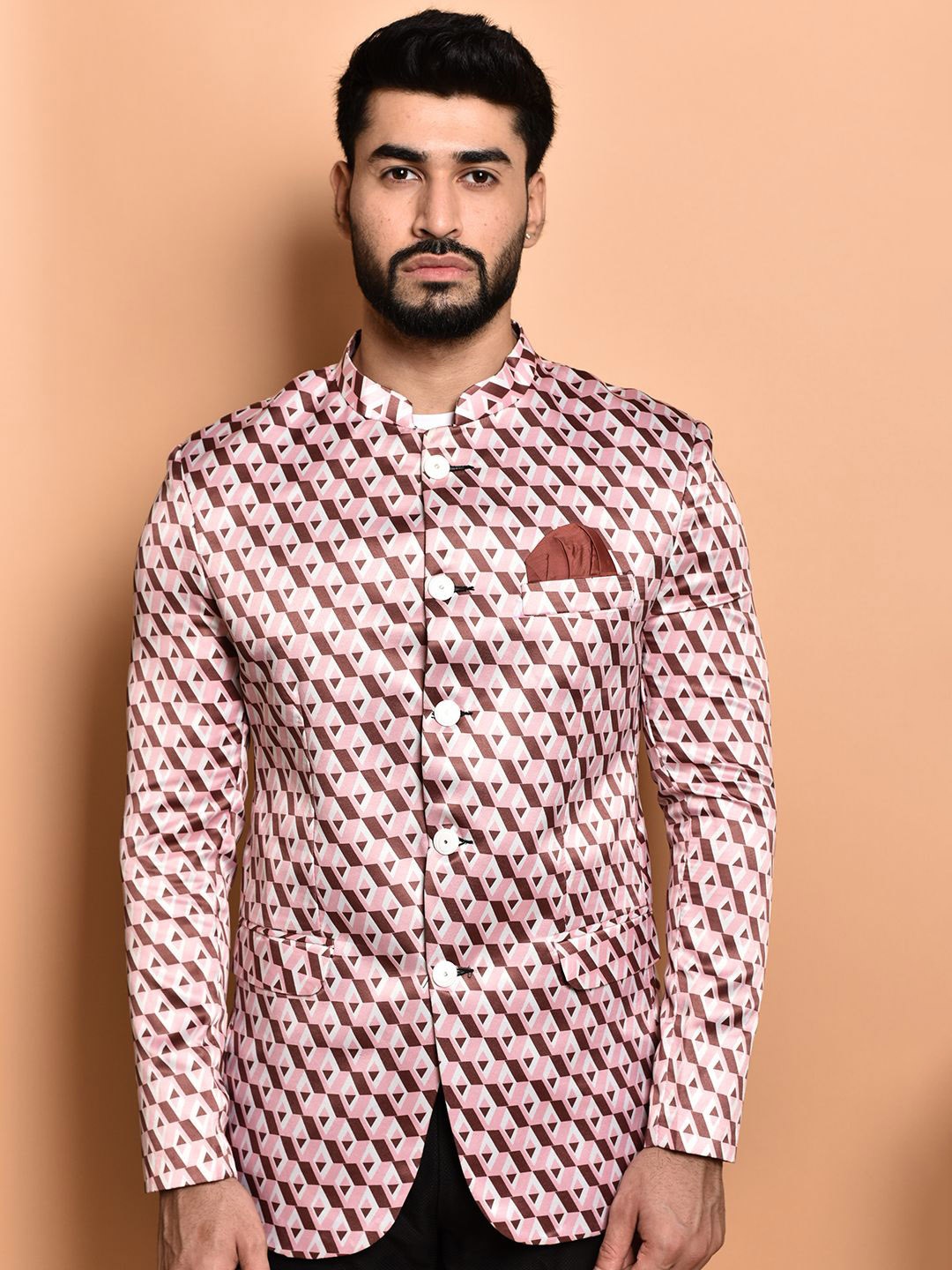 

PRINTCULTR Mandarin Collar Printed Single-Breasted Blazer, Pink