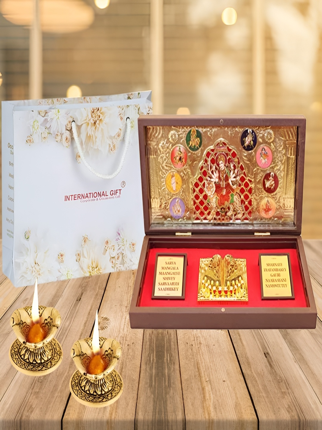

INTERNATIONAL GIFT Gold-Toned Metal Religious Durga Mata Charan Paduka With 2 Diya