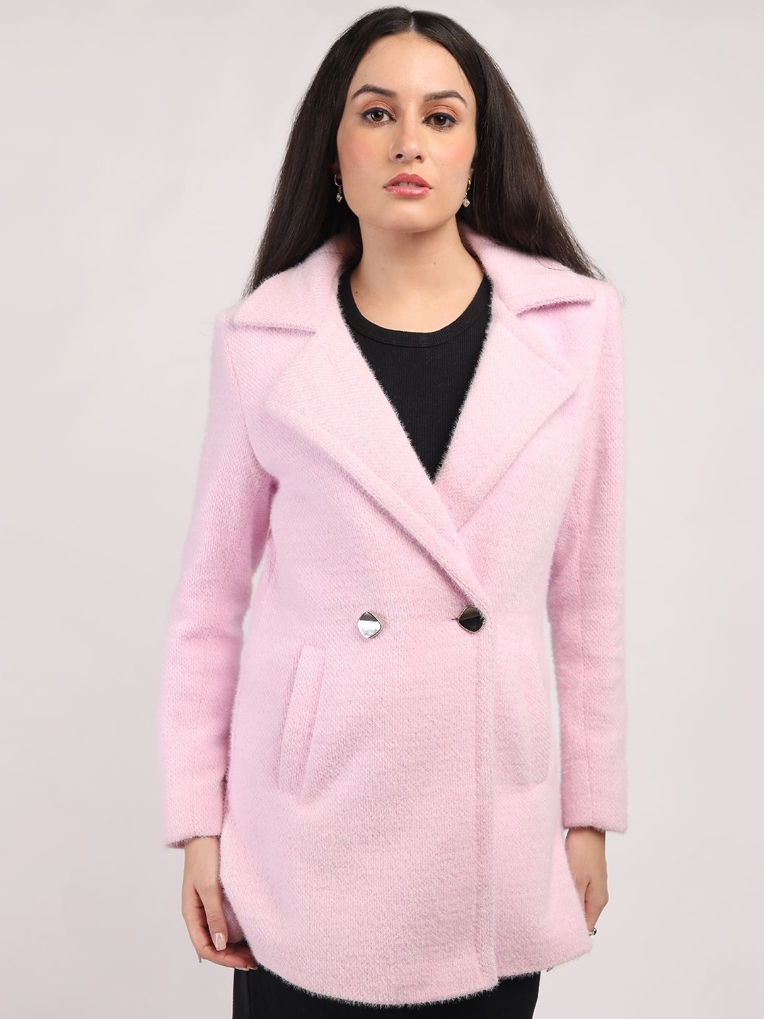 

HONNETE Women Notched Lapel Double-Breasted Hip-Length Winter Overcoat, Pink