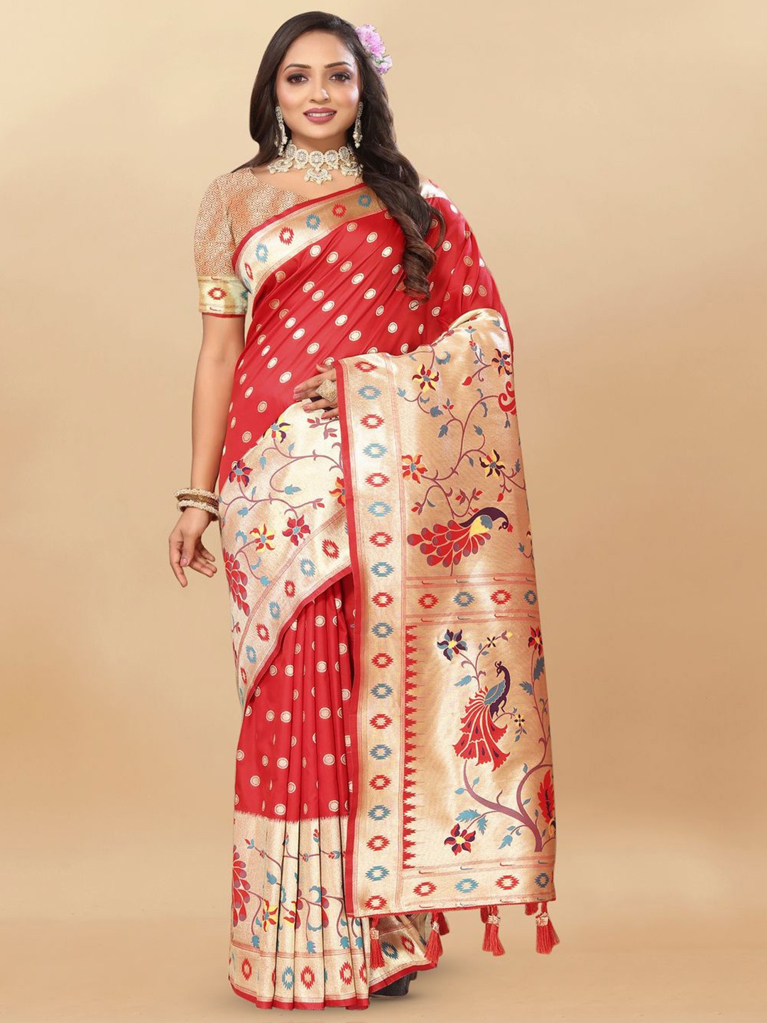 

MOKSHA DESIGNS Ethnic Motifs Woven Design Zari Pure Silk Paithani Saree, Red