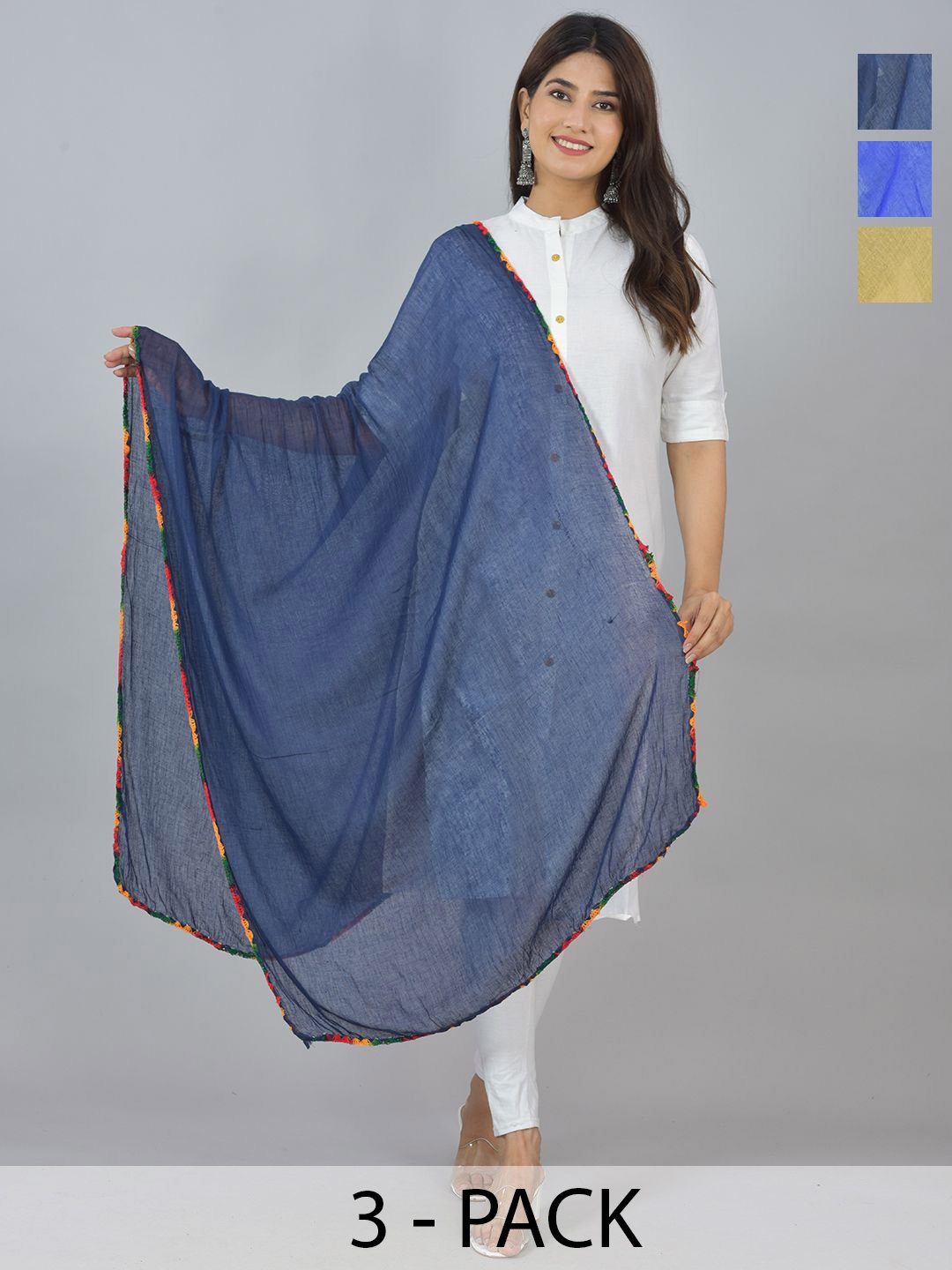

LA FEMINAE Pack of 3 Pure Cotton Dupatta, Blue