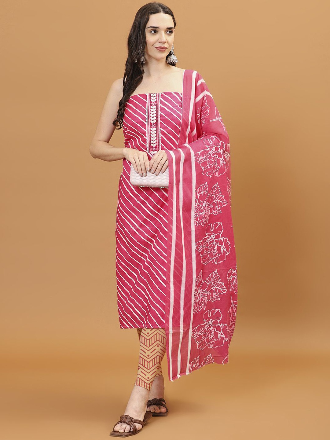 

Meena Bazaar Striped Printed Unstitched Dress Material, Pink
