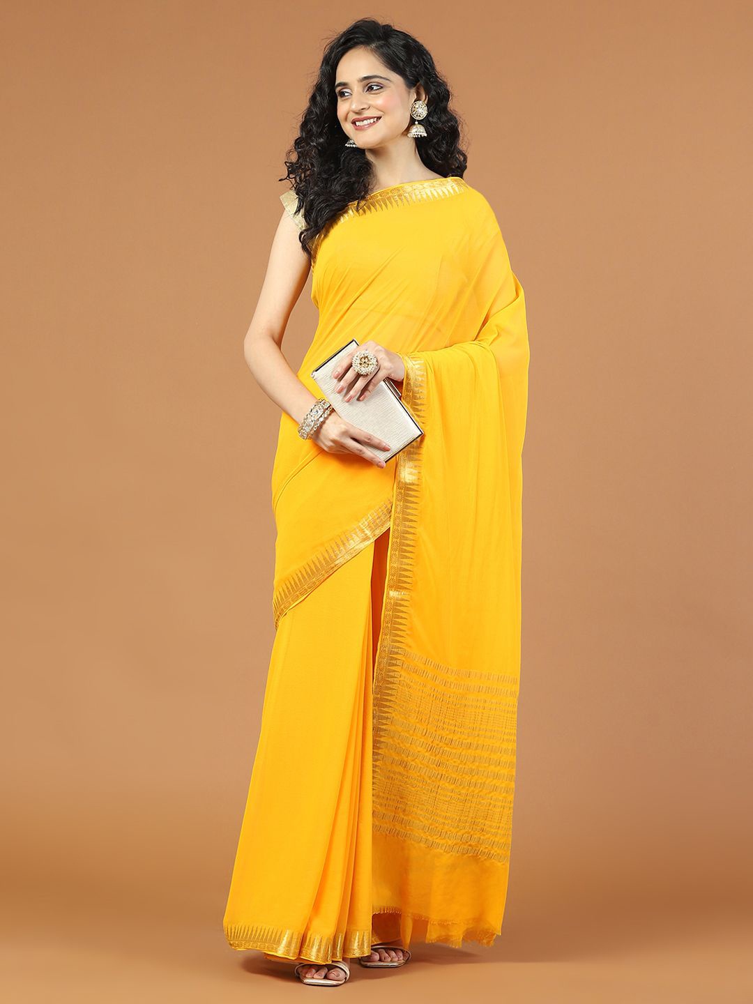 

Meena Bazaar Zari Poly Chiffon Saree, Yellow