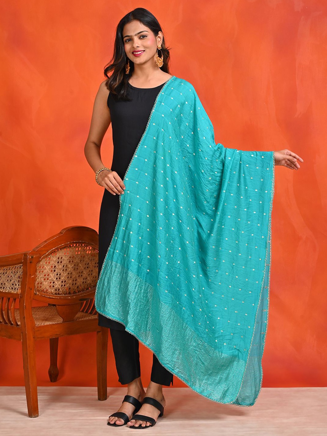 

HELLA FASHIONS Woven Design Dupatta with Zari, Turquoise blue