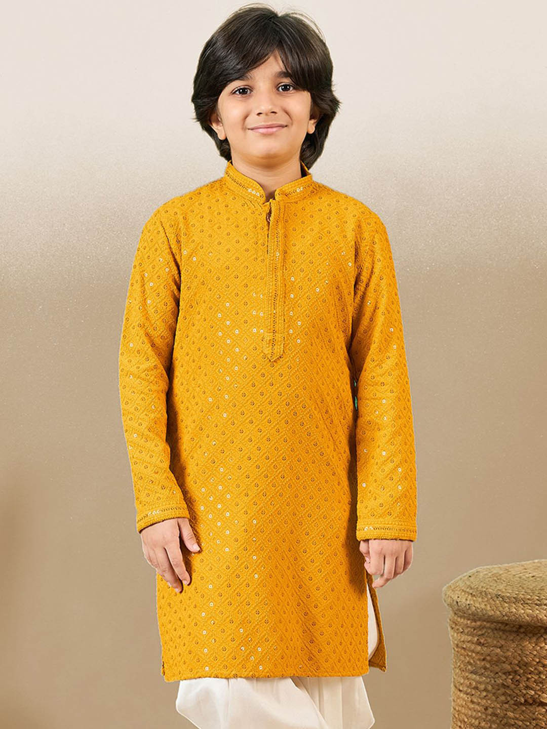 

Here&Now X Sanwara Boys Geometric Embroidered Sequinned Straight Kurta, Yellow