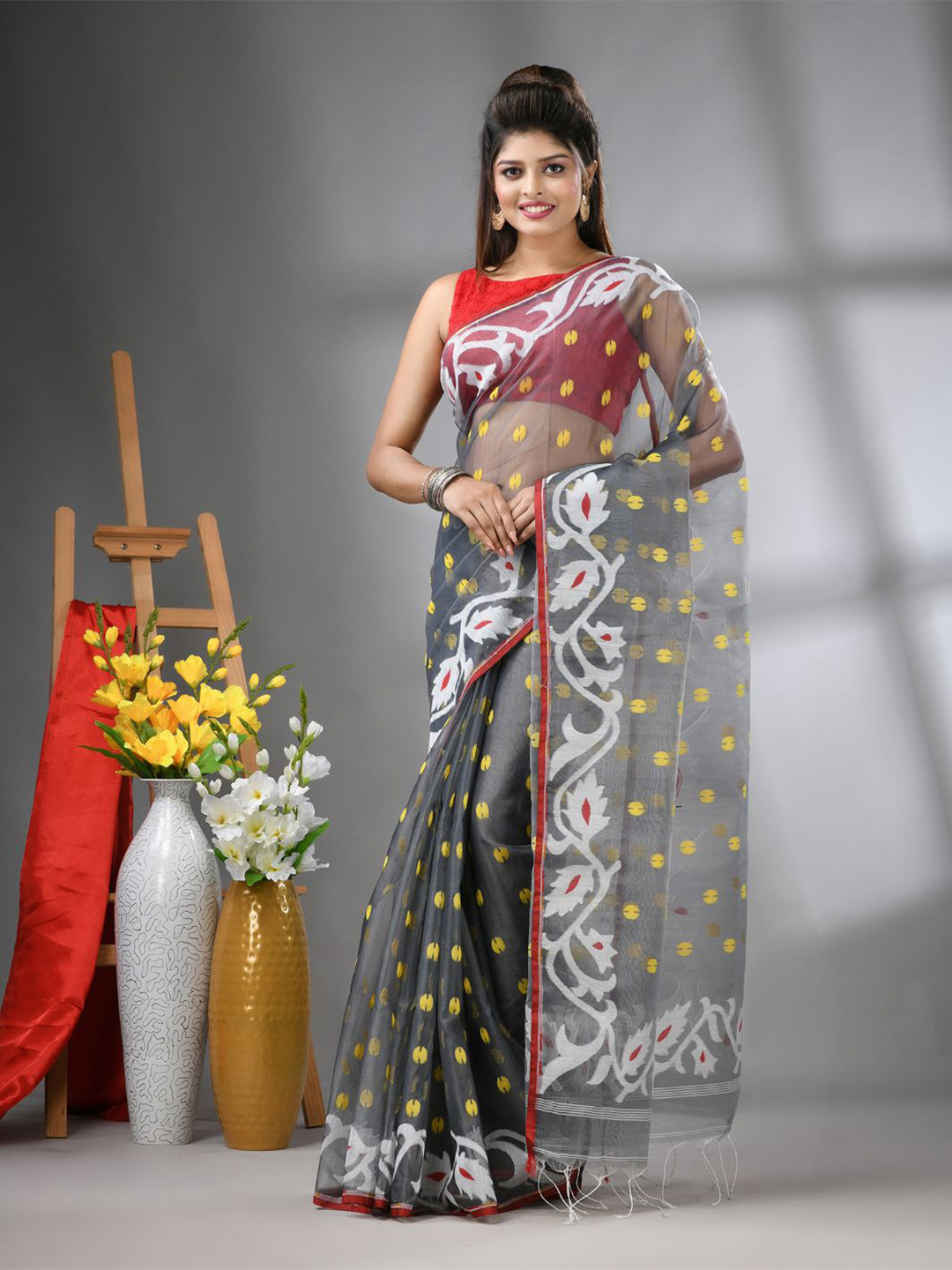 

Charukriti Ethnic Motifs Pure Silk Saree, Grey