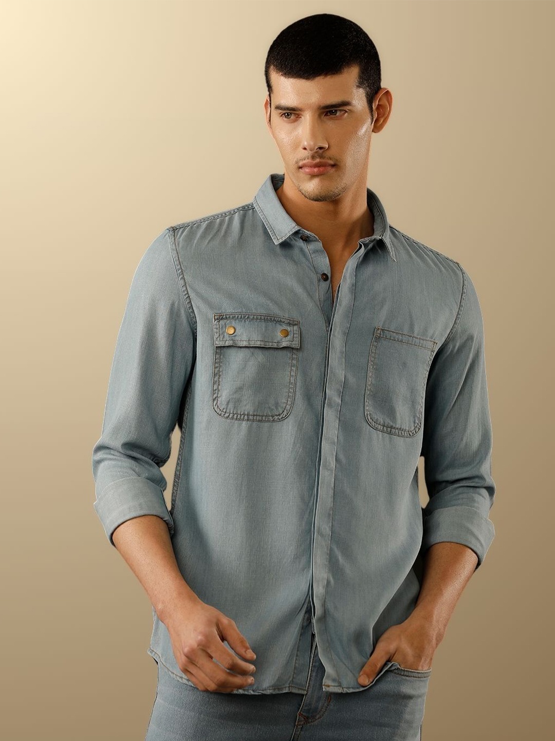 

TEMPLE OF DENIM Men India Slim Spread Collar Solid Denim Casual Shirt, Blue