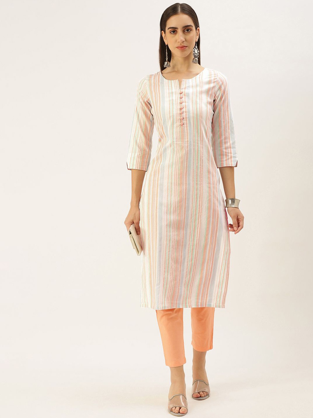 

KALINI Striped Regular Straight Kurta with Trousers, Peach