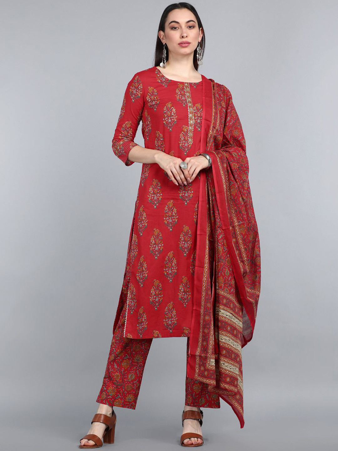 

AHIKA Red & Green Ethnic Motifs Printed Round Neck Straight Kurta with Trousers & Dupatta